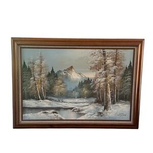 Vintage G. Whitman‎ Framed Landscape Oil Painting Canvas Trees Snow Cottagecore